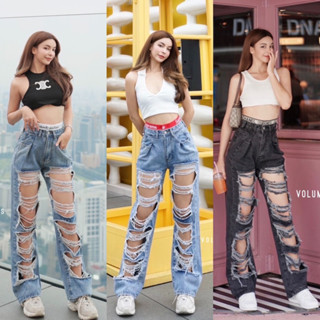 Order Volume jeans กางเกงยีนส์เอวสูงทรงกระบอกใหญ่แต่งขาดเยอะเซอร์แต่งขอบเอวเท่ๆ jeansdede