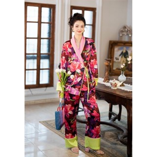 ชุดนอน Magenta hibiscus pajamas (premium silk satin)