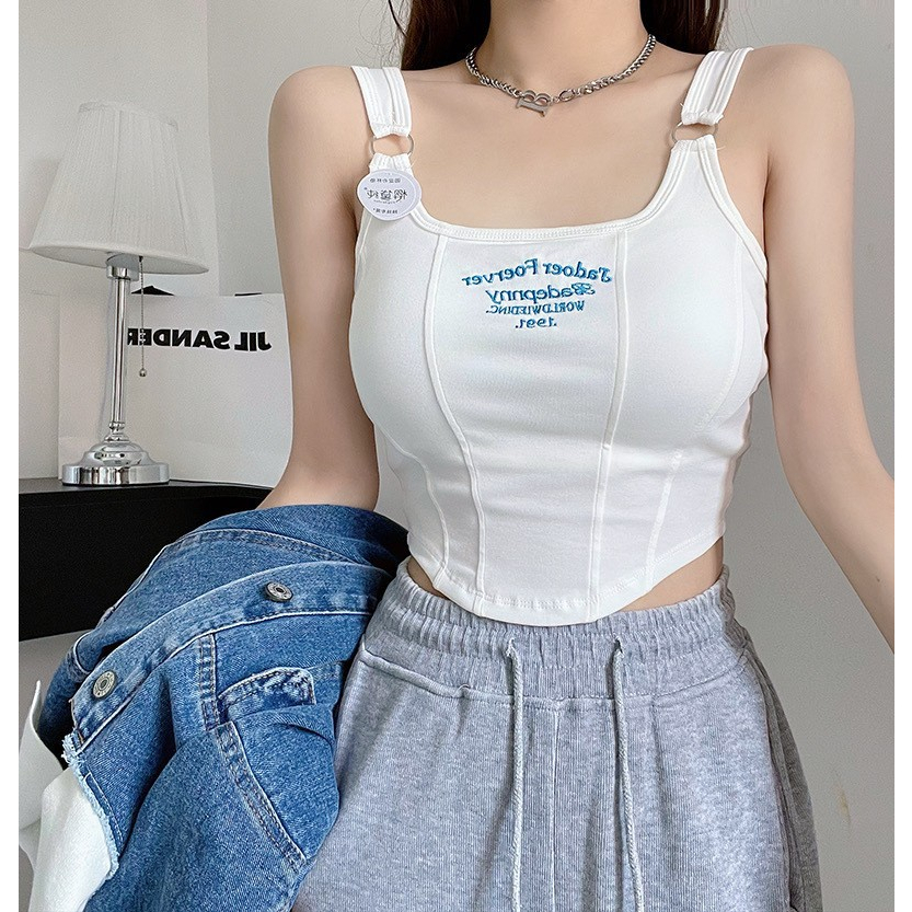 In stock camisole งานปักตัวอักษร เสื้อชั้นในผ้าฝ้ายแท้ เสื้อชั้นนอกสาวฮอต เสื้อครอปสั้นตาข่ายบางสีแดง