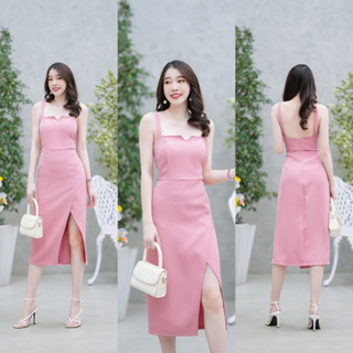 hbstation.shop เสื้อผ้าผู้หญิง Dressไปงาน สีชมพู แดง พร้อมส่ง