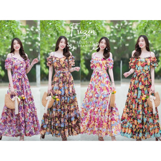 Maxi Dress  (เดรส)ยาว เปิดไหล่ แขนระบายชั้นปล่อยระบาย เอวสม็อกหลังแต่งระบายชั้นๆ ทรงสวยบางระบายเข้ารูป