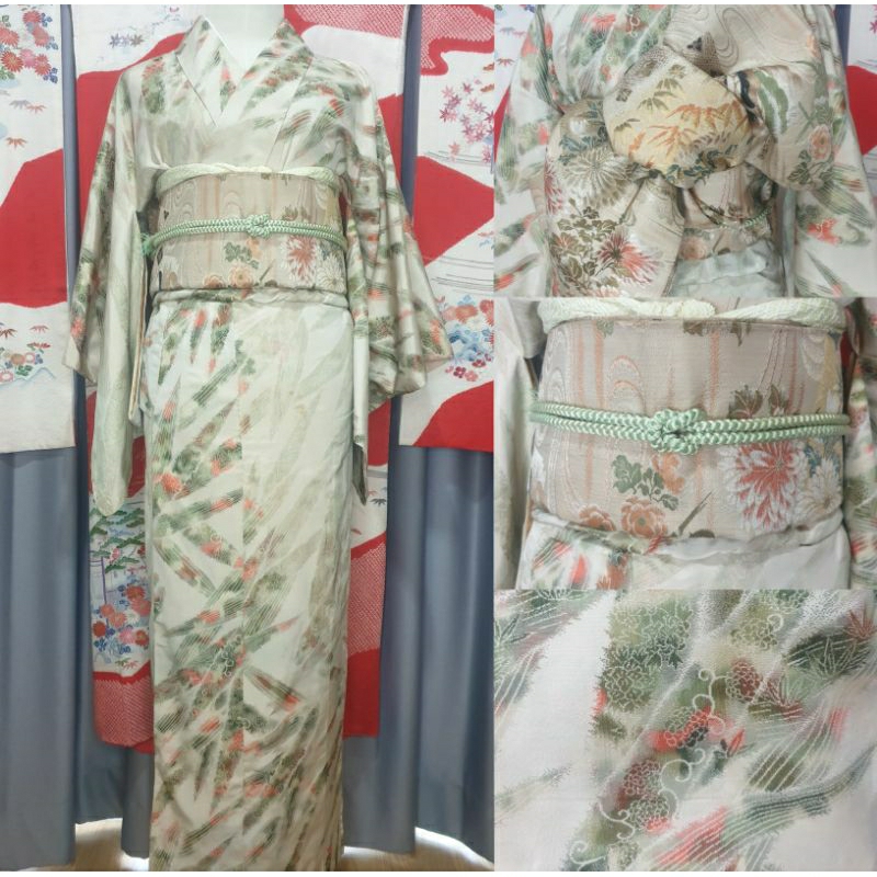 พร้อมส่ง set kimono กิโมโน สีเขียว มือสอง ของแท้จากญี่ปุ่น