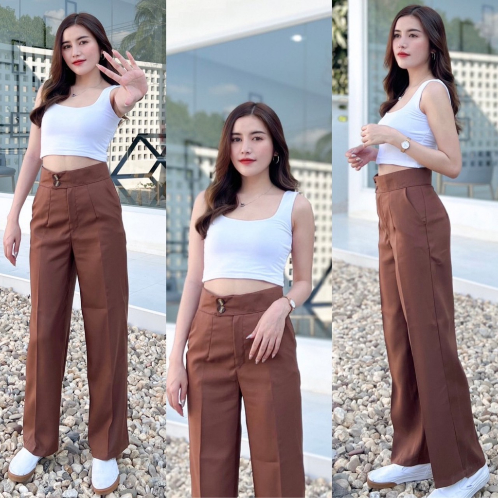 กางเกงขากระบอก กระดุมลายS-6XL เอวสูง ผ้าZARA รูปที่ 3