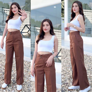กางเกงขากระบอก กระดุมลายS-6XL เอวสูง ผ้าZARA