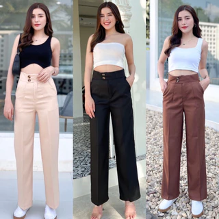 กางเกงขากระบอก กระดุมลายS-6XL เอวสูง ผ้าZARA