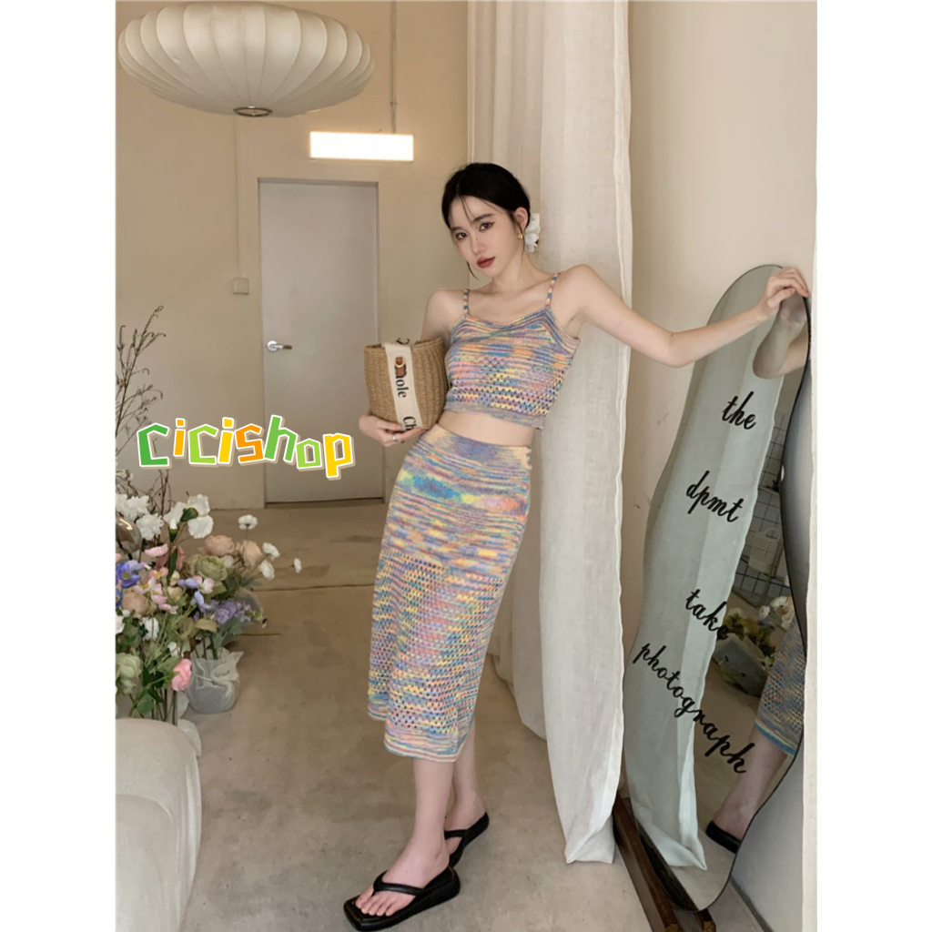 Cicishop(72120)ชุดSETสายเดี่ยว+กระโปรงไหมพรมถักทรงยาวซีทรูเบาๆ สีรุ้งน่ารัก