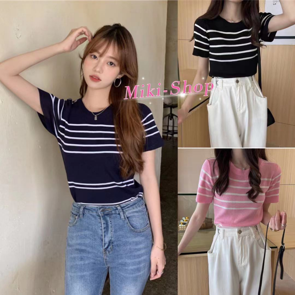 *Miki-Shop พร้อมส่ง*เสื้อยืดไหมพรม* อย่างดี แขนสั้น* ลายทาง* 98041*