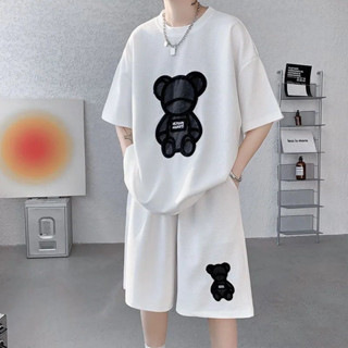 เสื้อสูทผู้ชายพิมพ์ลายหมีแขนสั้น+กางเกงขาสั้น สูทลำลอง ผ้าวา…