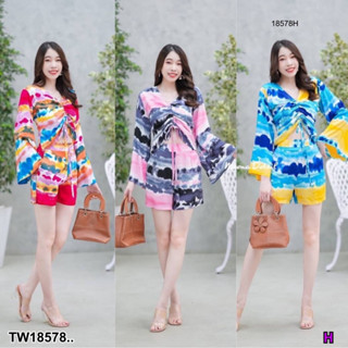 MF18578  Set 2 ชิ้นมัดย้อมสุดชิค  เสื้อมัดย้อมแขนกระดิ่งรูดย่นด้านหน้า + กางเกงขาสั้น เอวยางยืดหลัง มีกระเป๋าล้วงข้าง  ง