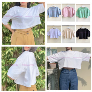 เสื้อครอปแขนสั้น อก41" Oversize ครอปคอกลม เสื้อยืดสีพื้น เอวลอย คอตตอน100%