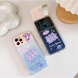 เคสกระจก ตั้งได้ น้อมแคร์แบร์ม่วง สำหรับรุ่นoppo A53 A31 A3S A5S A5 2020 A96 5G A77 Reno5 Reno7z/8z Reno8T vivo y12 v23