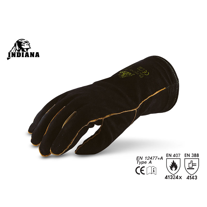 INDIANA Black Cow Split Leather ถุงมือหนังท้องสีดำ | งานเชื่อม | กันความร้อน | ความทนทานสูง