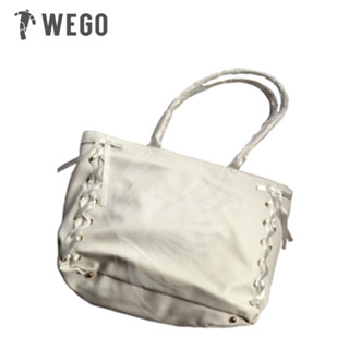 [ฟรีค่าจัดส่ง ก.ย.] กระเป๋าถือ Wego  จากญี่ปุ่น หนังสีขาว แต่งเปีย คล้องไหล่ ใบใหญ่ จุได้เยอะ *ป้ายครบ