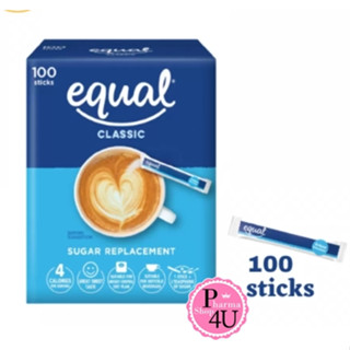 Equal Classic 100 Sticks [1 กล่อง] อิควล คลาสสิค ผลิตภัณฑ์ให้ความหวานแทนน้ำตาล กล่องละ 100 ซอง , 0 แคลอรี, เบาหวานทานได้