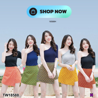 Set 2 ชิ้นสุดคุ้ม เสื้อผ้ายืดคอปาดไหล่+กางเกงผ้าคอตตอนทอพิมพ์ลายไทย TT18588