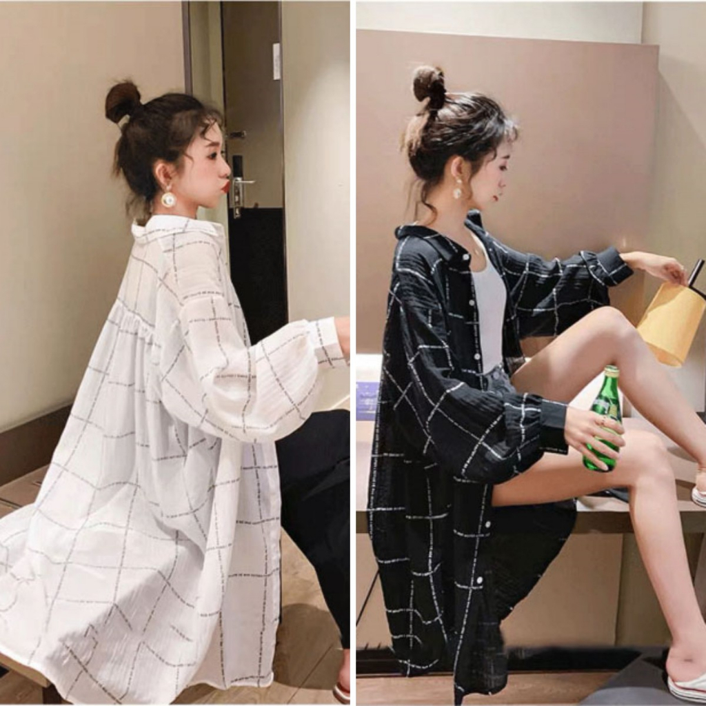 COD PB7792 เสื้อเชิ้ตลายสก๊อตคอปกแขนยาวผู้หญิงสีขาว oversize เสื้อคลุมแขนพัฟแฟชั่นสไตล์เกาหลีวินเทจ เรียบๆแต่สวยใส่ชิวๆ