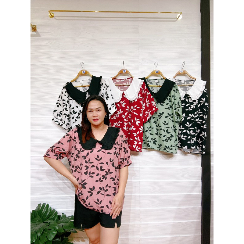 เสื้อสาวอวบคอปกบัวระบายพิมพ์ลวดลายใบไม้อก50”/พ010 ราคา ถูกที่สุด ดีลบีเคเค แกลเลอรีภาพที่ 7
