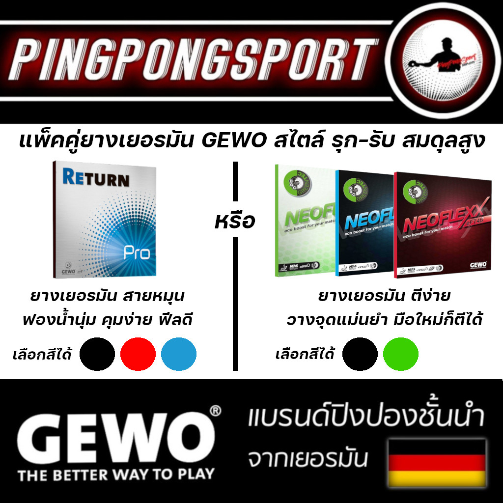 ยางปิงปอง ยางเยอรมัน แพ็คคู่ Gewo Return Pro + Gewo Neoflexx eft 48 / 45 / 40 เลือกสีได้ ฟ้า / เขียว