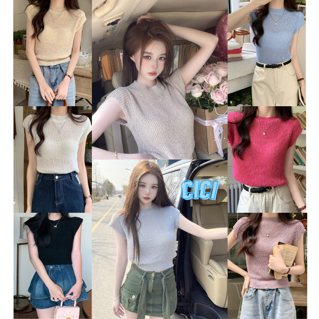 ส่งทันที Cici(NO. 7521)เสื้อแขนกุดสีพื้นคอกลมไหมพรมถักผ้านิ่มใส่สบายยืดได้ทรงสวย