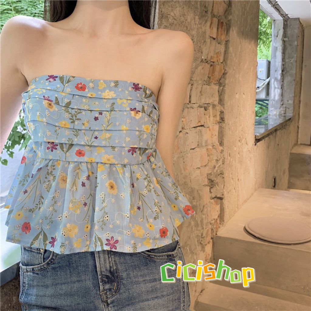 Cicishop(J525)เกาะอกลายดอกไม้แต่งปลายระบายสม็อคหลังจับแมทซ์ง่ายน่ารักมากก