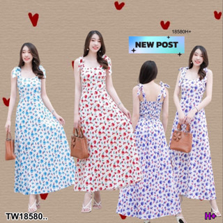 SS18580 เดรสยาว ผูกโบว์ไหล่ ลายดอกไม้ Long dress with bowknot in floral print