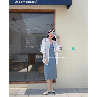 Set สไตล์สาว korea เดรสสีพื้นสายเดี่ยวปรับสายได้ ใส่แมชเสื้อเชิ้ตoversizeผ้าชีฟอง รหัสyy1004