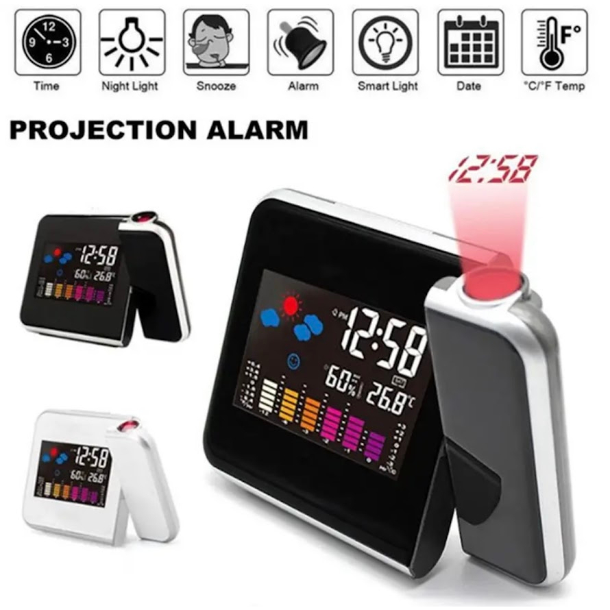 พร้อมส่ง นาฬิกาปลุกดิจิตอล Wall Projection สภาพอากาศหน้าจอ LCD Snooze นาฬิกาปลุก Dual เลเซอร์หมุนได้นาฬิกาสีโต๊ะนาฬิกา