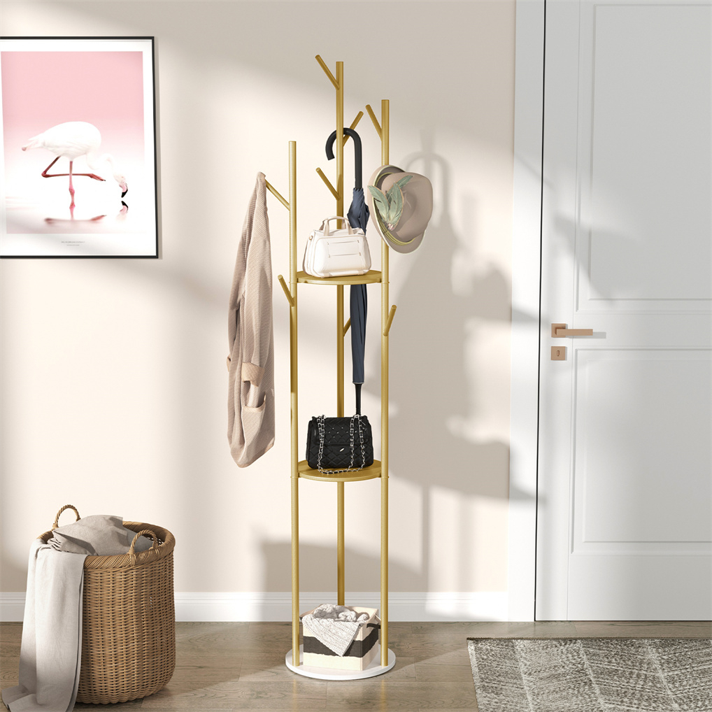 WISFOR ที่แขวนหมวกและเสื้อโค๊ท 3ชั้น ที่แขวนผ้า ที่แขวนกระเป๋า ทอง Metal Coat Rack Stand Hall Tree Organizer 3 Shelves