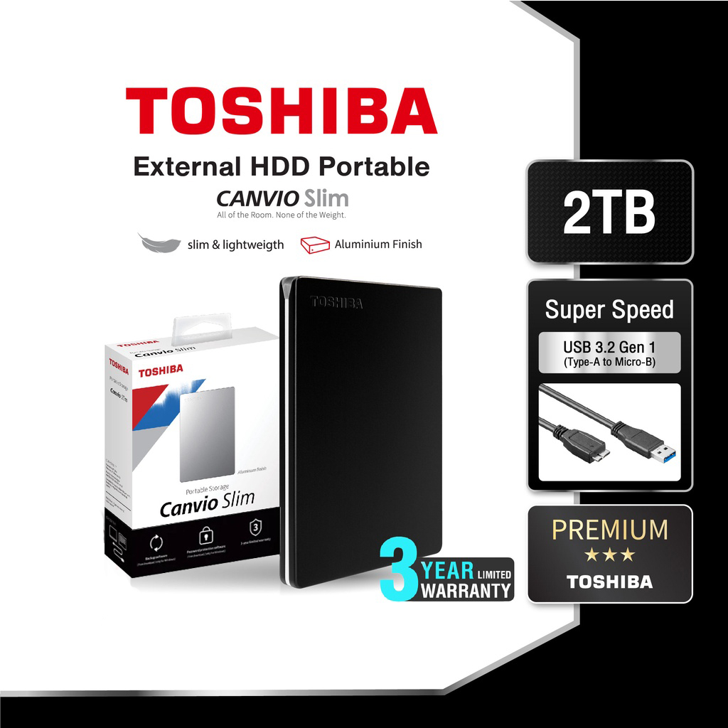 Toshiba External HDD (2TB) USB 3.2 SuperSpeed,(Canvio Slim) Security Auto-backup 2.5" สีดำ ฮาร์ดดิสพกพา (HDTD320AK3EA)