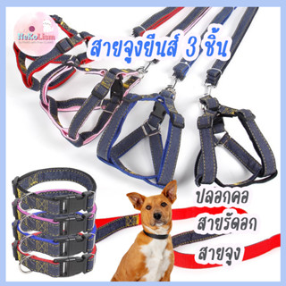 สายจูงยีนส์ 3 ชิ้น สายจูงหมา สายจูงสุนัข สายจูงหมาโต Leash Nylon สายจูงไนลอน