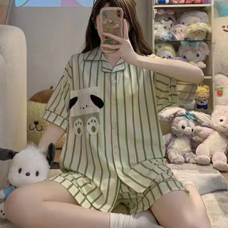 (ราคาถูกที่สุด) ชุดนอนผ้าซาตินล่าสุดในฤดูร้อน， แฟชั่นเสื้อผ้าผู้หญิง， สไตล์มินิมอล，ขาสั้น+เสื้อ，M-2XL