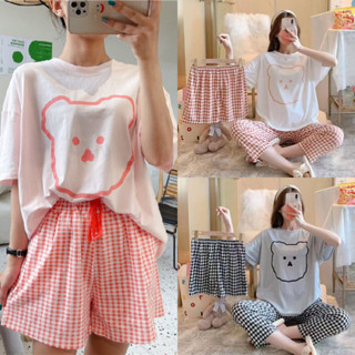 ⚡126⚡น่ารักแฟชั่นเกาหลี ชุดนอนคอปกเสื้อแขนสั้นกระดุมหน้า กางเกงขาสั้นเอวยางยืด ลายสุดฮิต มาใหม่ 8GKS