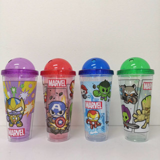 กระบอกน้ำ 2 ชั้น Marvel ของ Primium Meji แก้วพลาสติกใส 2 ชั้น ฝาโดม มีรูใส่หลอด ลายมาร์เวล ซุปเปอร์ฮีโร่