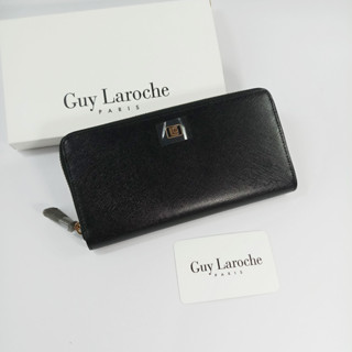 Guy Laroche กระเป๋าสตางค์ผู้หญิงใบยาว ซิปรอบ สีดำ หนังลาย ผิวเงา อะไหล่สีทอง หนังแท้ ของแท้100%