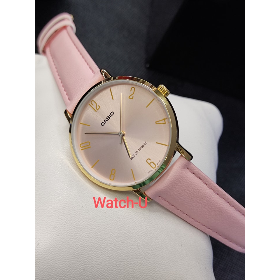CASIO นาฬิกาข้อมือผู้หญิง สายหนังสีชมพู รุ่น LTP-VT01GL-4B