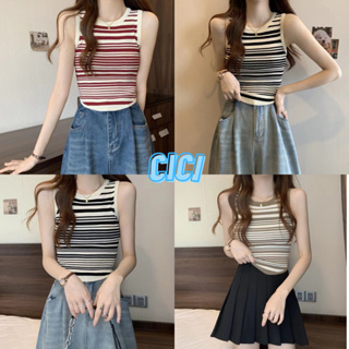 Cici(NO.20155)เสื้อกล้ามครอปไหมพรมคอกลม ลายทาง น่ารักมินิมอลสุดๆ