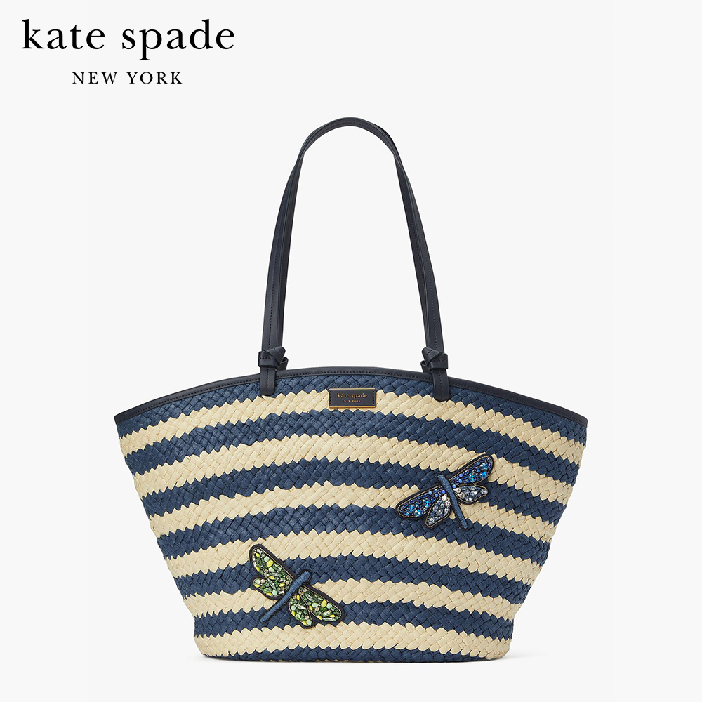 KATE SPADE NEW YORK SHORE THING EMBELLISHED STRIPED STRAW LARGE TOTE KB297 กระเป๋าถือ