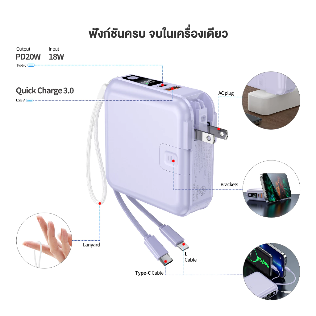 [รับประกัน 2 ปี] ACMIC W1501 Powerbank 15000mAh พาวเวอร์แบงค์ชาร์จเร็ว Fast Charge PD20W มีสายในตัว หน้าจอ LED thumbnail 9
