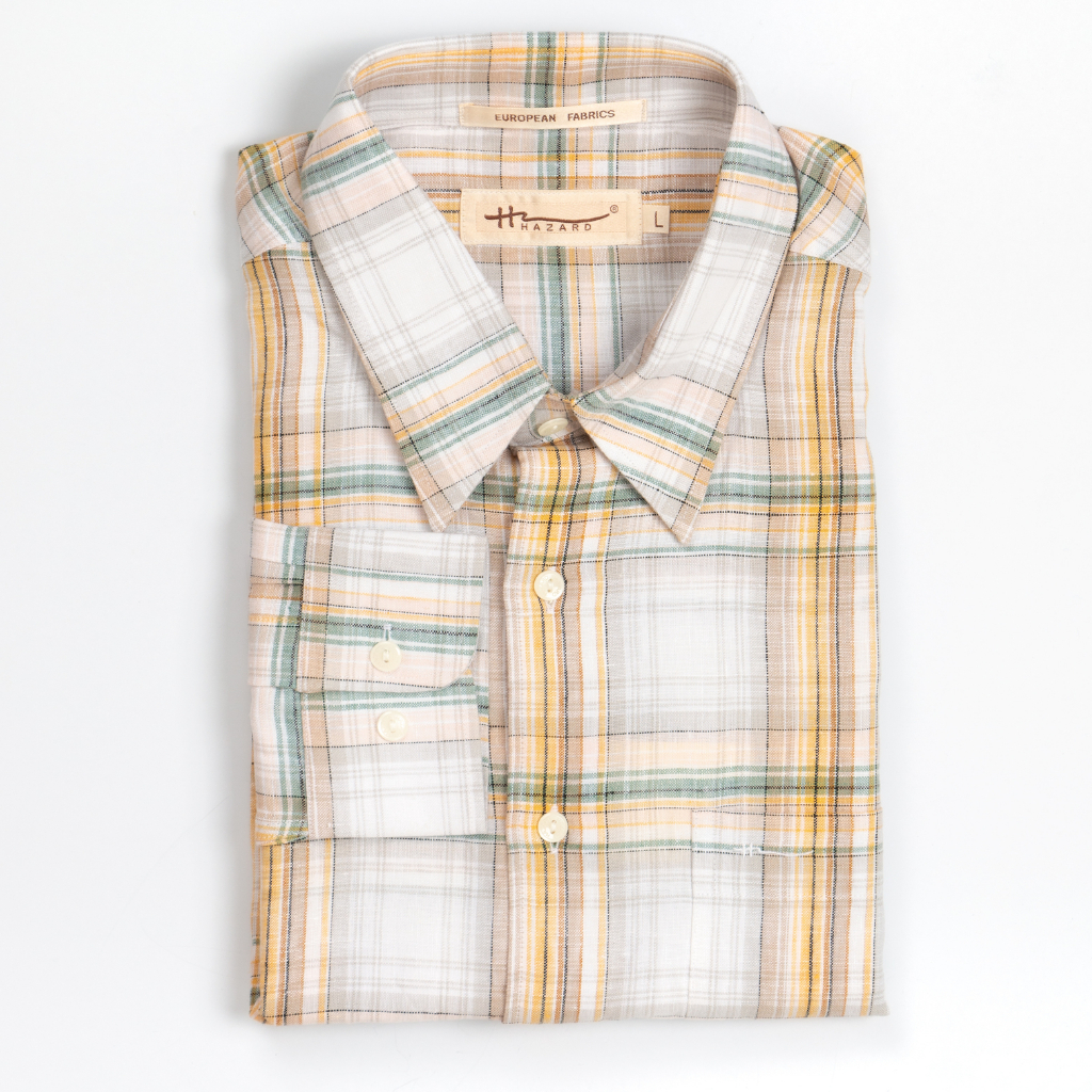 Hazard เสื้อเชิ้ตทำงานแขนยาวลายสก็อต Linen(ลินิน) สีเหลืองอ่อน