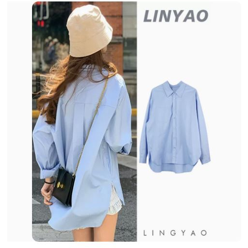 ใหม่ MCB2945 เสื้อเชิ้ตแขนยาวเรียบๆสีฟ้าผู้หญิง oversize shirt มีกระเป๋ากระดุมหน้า ทรงหลวม ใส่สบาย