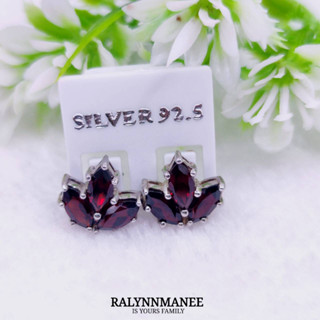 BA018 ต่างหูพลอยโกเมนแท้ ( Garnet ) ตัวเรือนเงินแท้ 925 ชุบทองคำขาว