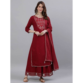 🔹️🔹️((งานแบรนด์ดัง))🔹️🔹️ ชุดอินเดีย เซต 3 ชิ้น WOMAN MAROON KURTA SHARARA AND DUPATTA SET