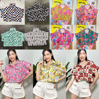 cropp shirt เสื้อเชิ้ตคอปก แขนสั้น แต่งลายการ์ตูน น่ารัก เสื้อเอวลอย ครอปสั้น