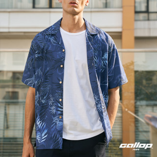 GALLOP : Mens Wear Graphic Print Hawaii Shirt เสื้อฮาวาย รุ่น GW9026 สี Navy Blue - กรมท่า / ราคา 1590.-