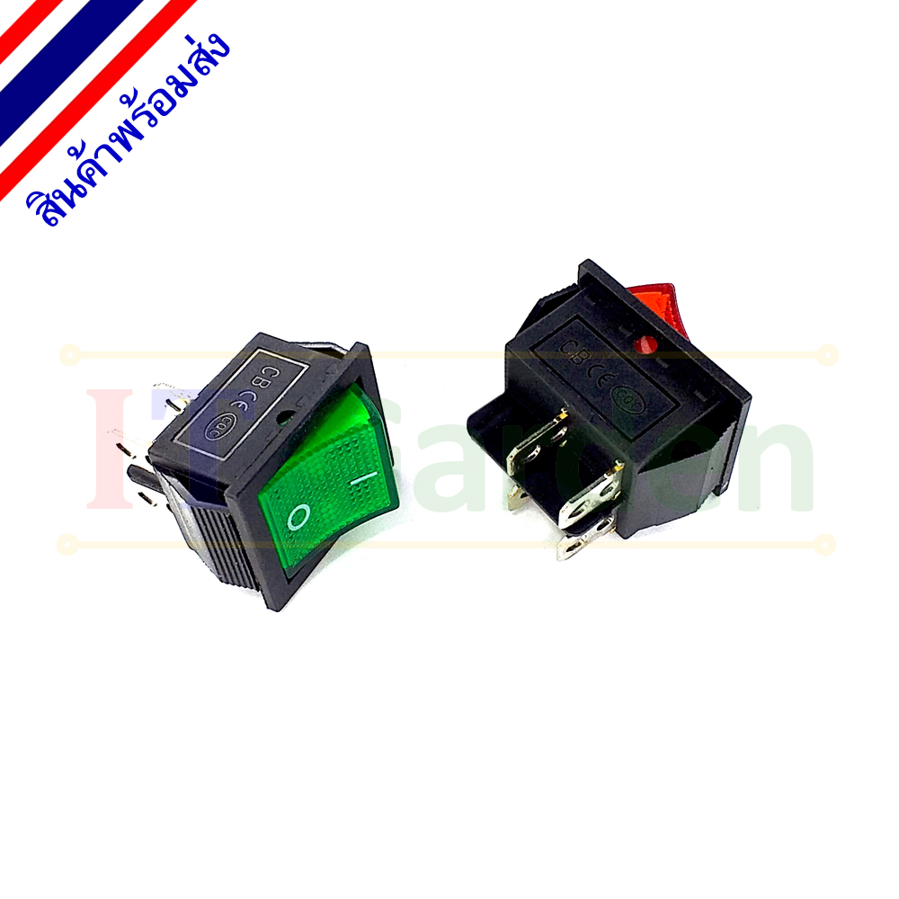 Rocker Switch KCD1 สวิตช์สี่เหลี่ยม 3 ขา ไฟสีแดง/เขียว 6A/250VAC 21x15mm (2 ชิ้น)