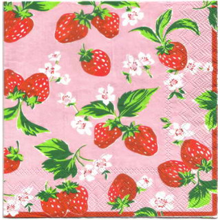 Pladao Napkin ภาพ Cath Kidston สตอเบอร์รี่ พื้นชมพู ผลไม้ กระดาษ แนพกิ้น สำหรับงานศิลปะ เดคูพาจ decoupage ขนาด L 33x33