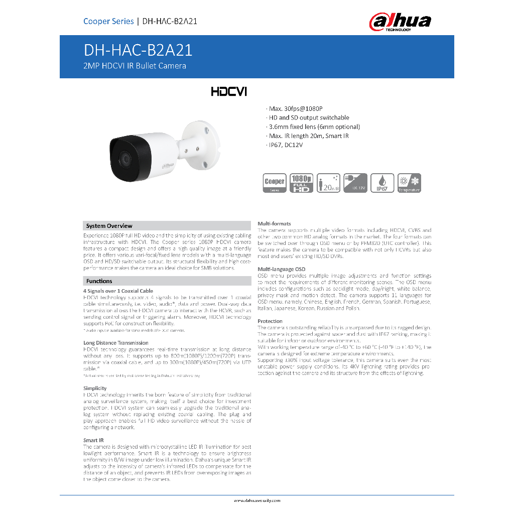 DAHUA กล้องวงจรปิด 2MP รุ่น HAC-B2A21P เลนส์ 2.8mm (ต้องใช้กับเครื่องบันทึกภาพ) ไม่รวม Adapter!! BY N.T Computer