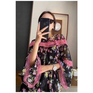 🎁พร้อมส่ง💯เดรสตัวยาวลายดอกผ้าโปร่งแต่งลูกไม้