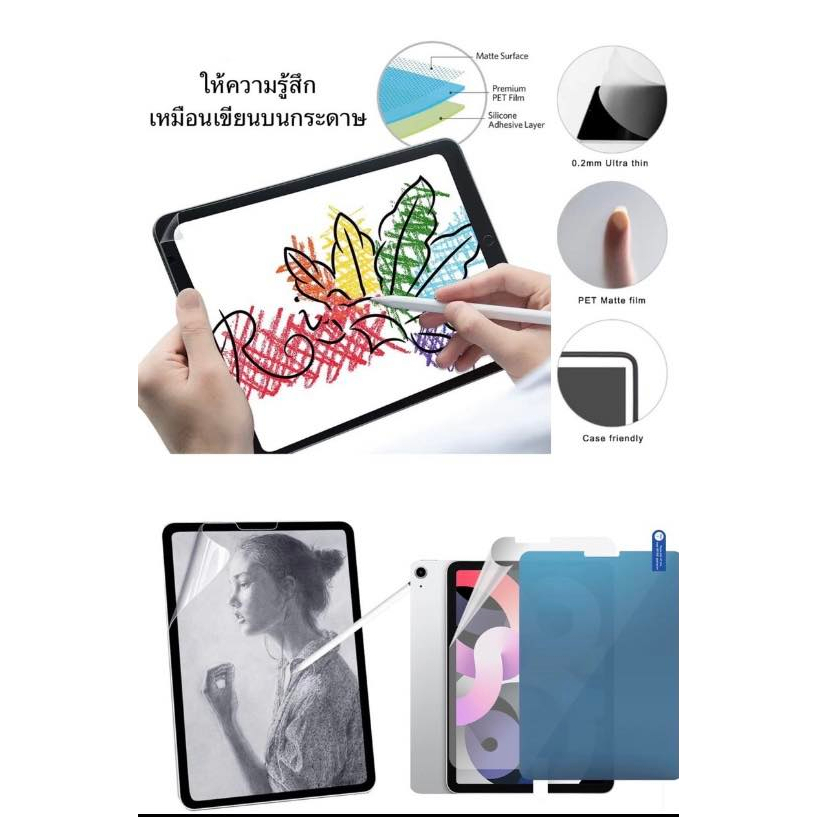 ฟิล์มกระดาษ Paper Like ใช้สำหรับ iPad10.2,air4,air5,Gen10 ให้ความรู้สึกเขียนลื่น สบายมือ