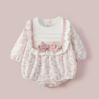 ชุดหมีเด็ก จั๊มสูท บอดี้สูท รอมเปอร์ สีชมพู ติดโบว์หน้า Baby Romper Pink Flower with Center Ribbon